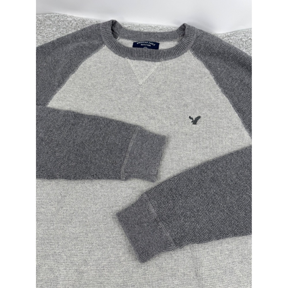 American Eagle Sweater Mens XXL Grey Raglan Waffle Knit Cotton Pullover